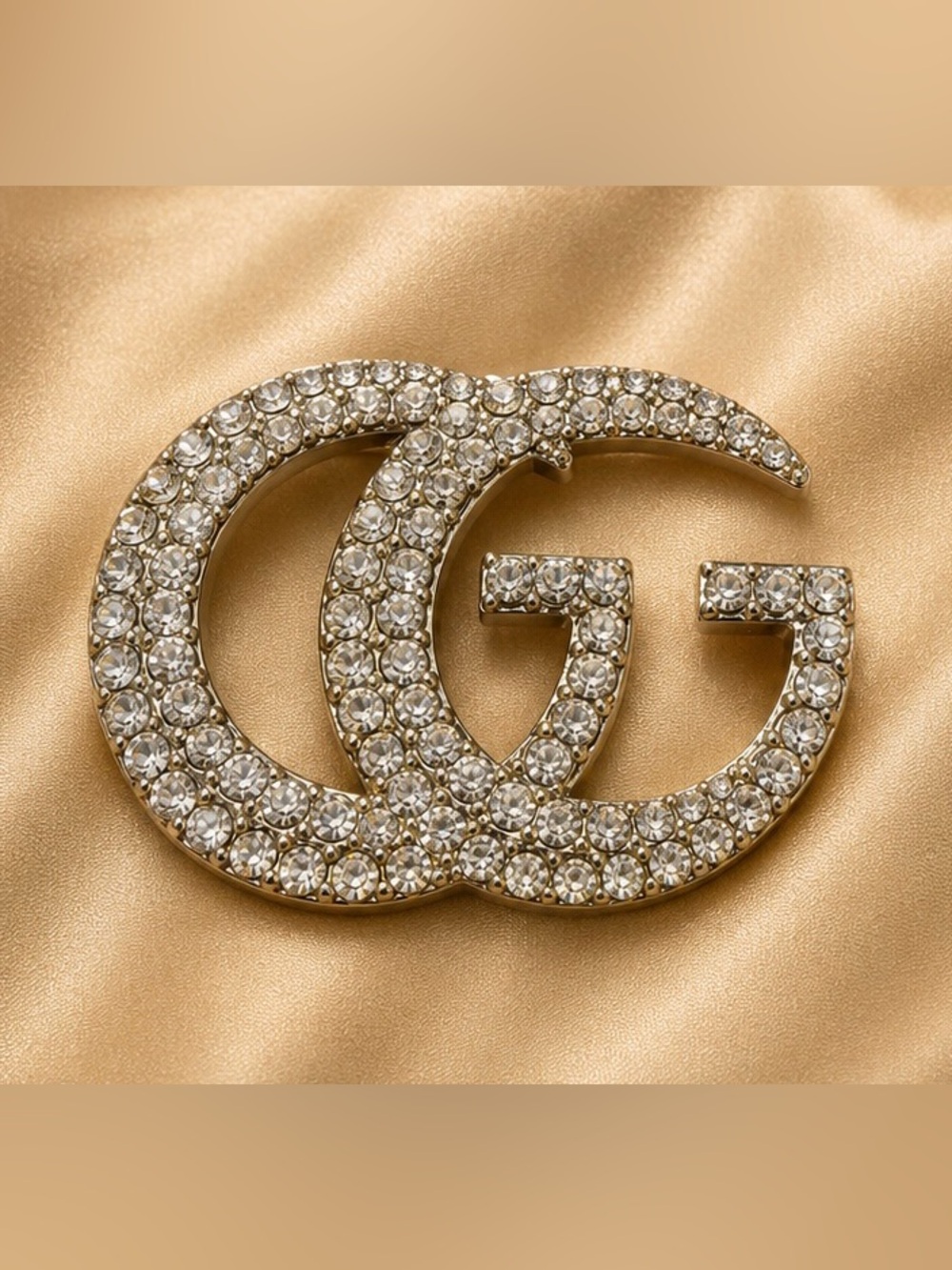 Gold Tone Rhinestone Interlocking Letter Statement Brooch Pin